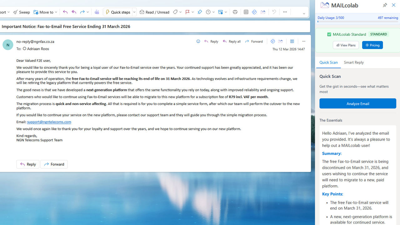 MAILcolab Outlook Add-in Interface